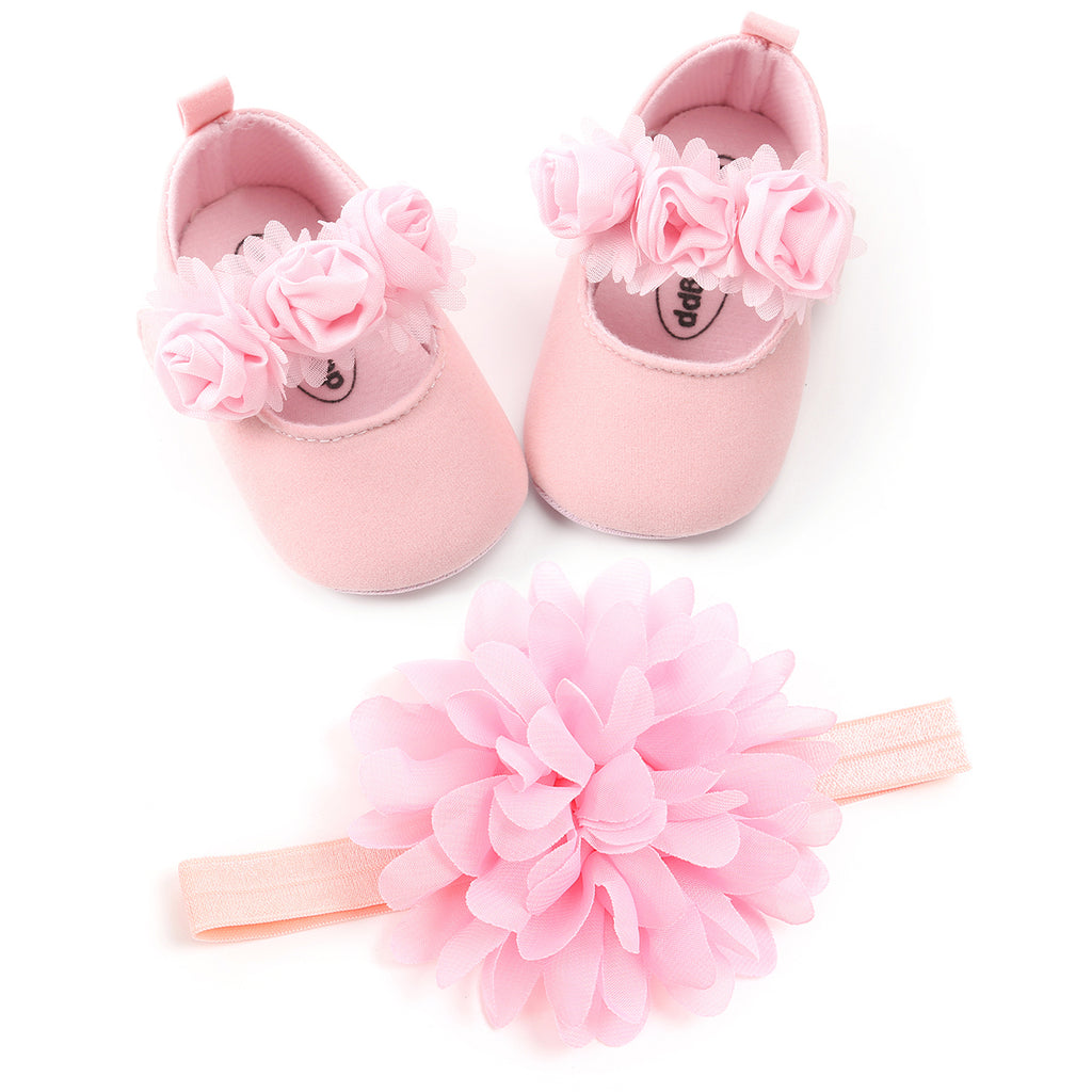 Baby Girls Mary Jane Flat Shoes With Floral Decor & Headband, Princess Wedding Crib Shoes For Infant Newborn First Walkers Prewalkers