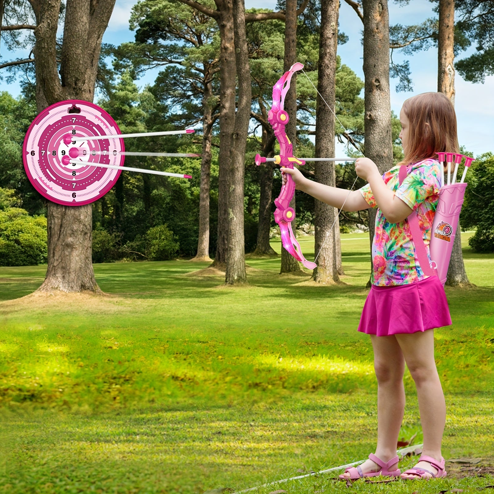 Bow And Arrow Toys With LED Flash Lights For Girls 5 6 7 8 9 10 Year Old, Archery Set Indoor Outdoor Activity With 10 Suction Cup Arrows, Quiver & Target, Birthday For Girls