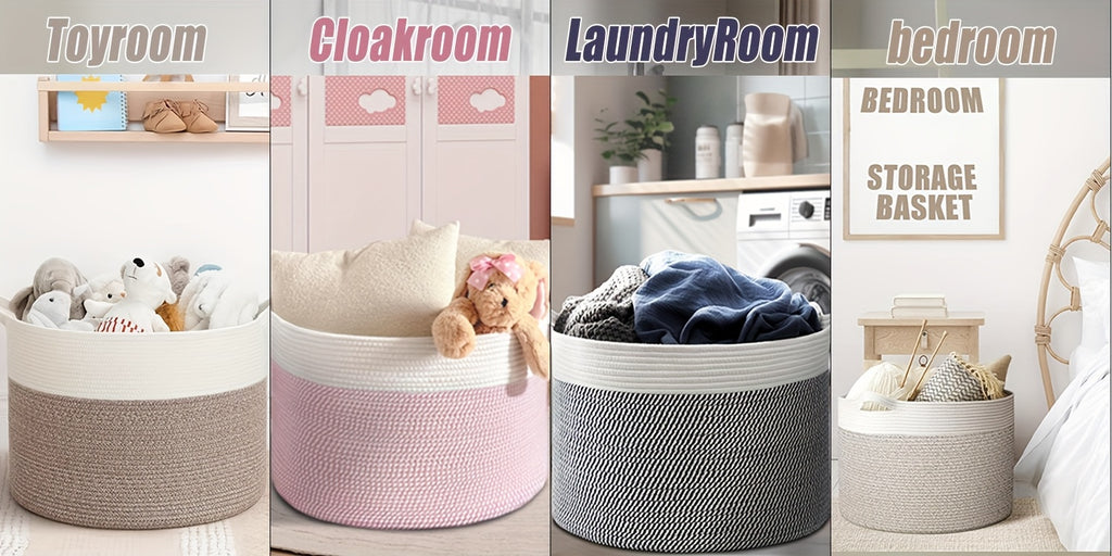 XXL Large Cotton Rope Storage Basket – Foldable Multi-Purpose Organizer for Laundry, Toys, Blankets, and Youngsters Games, Striped Design for Family Gatherings or Home Organization, Laundry Basket