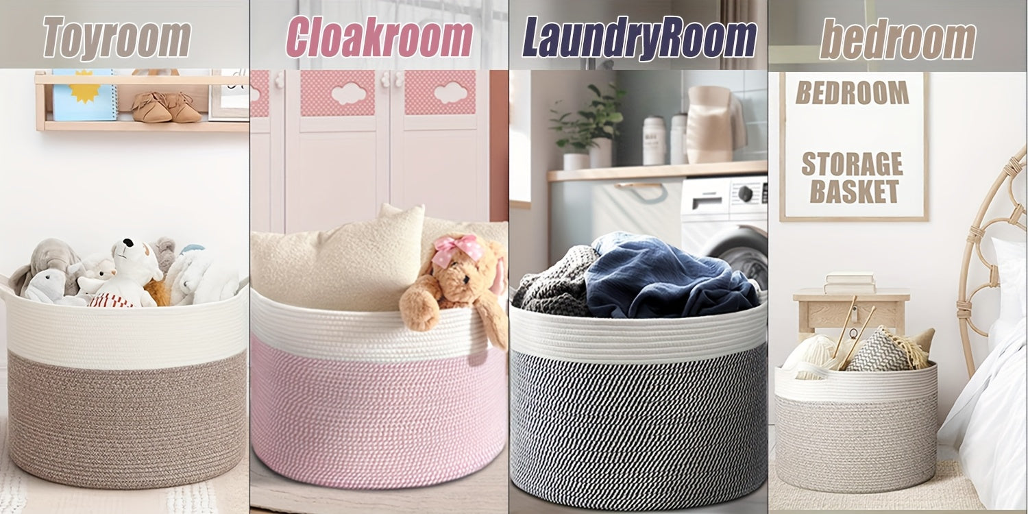 XXL Large Cotton Rope Storage Basket – Foldable Multi-Purpose Organizer for Laundry, Toys, Blankets, and Youngsters Games, Striped Design for Family Gatherings or Home Organization, Laundry Basket