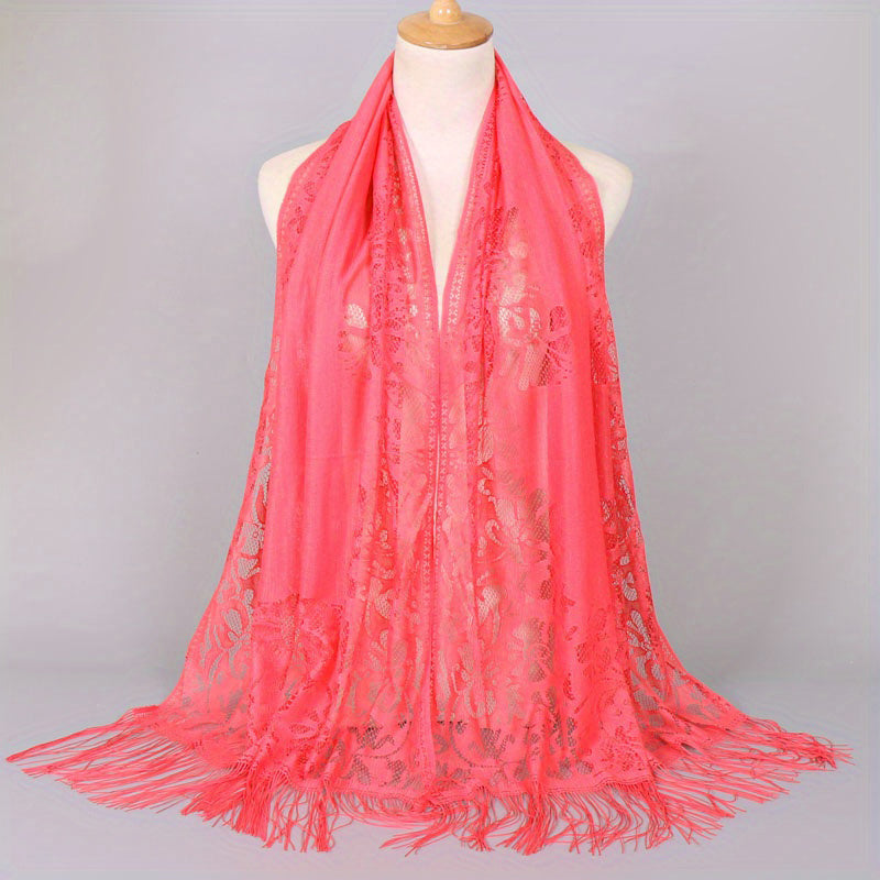 Ladies Women's Floral Lace Scarf Shawl With Tassels, Soft Mesh Fringe Wraps Bridal Shawl For Wedding Evening Party Dresses