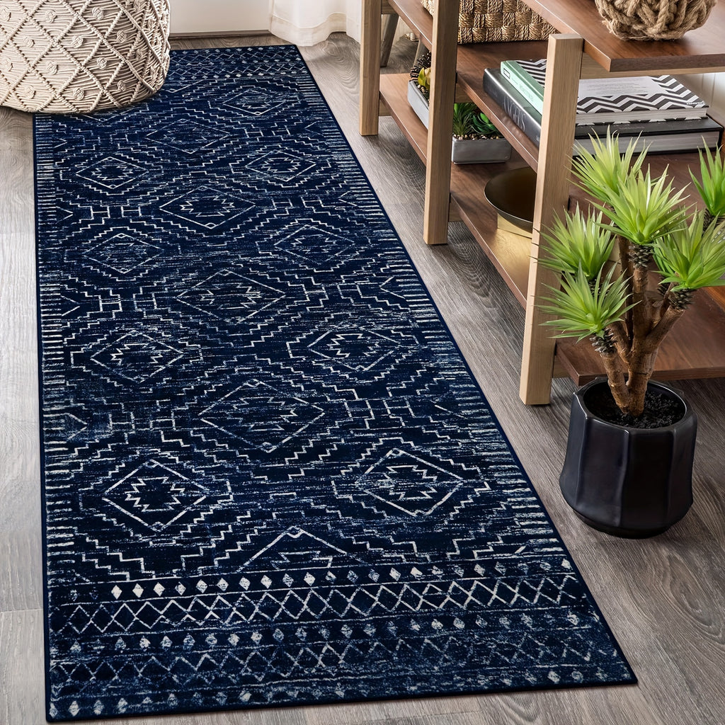 Moroccan Blue Geometric Runner Mat – Soft, Washable, Non-Slip Polyester Mat for Kitchen, Hallway, Bedroom, Bathroom & Closet, 2'6"x8', Rustic Entryway Floor Decor, Kitchen Rugs