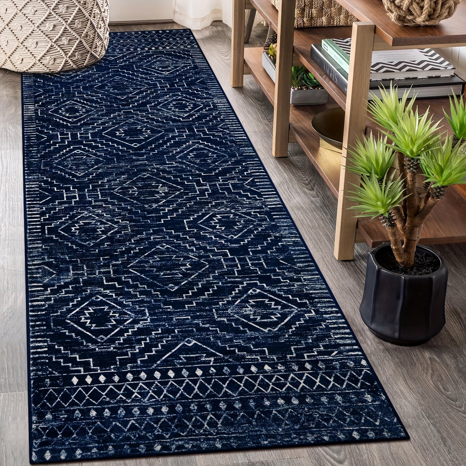 Moroccan Blue Geometric Runner Mat – Soft, Washable, Non-Slip Polyester Mat for Kitchen, Hallway, Bedroom, Bathroom & Closet, 2'6"x8', Rustic Entryway Floor Decor, Kitchen Rugs