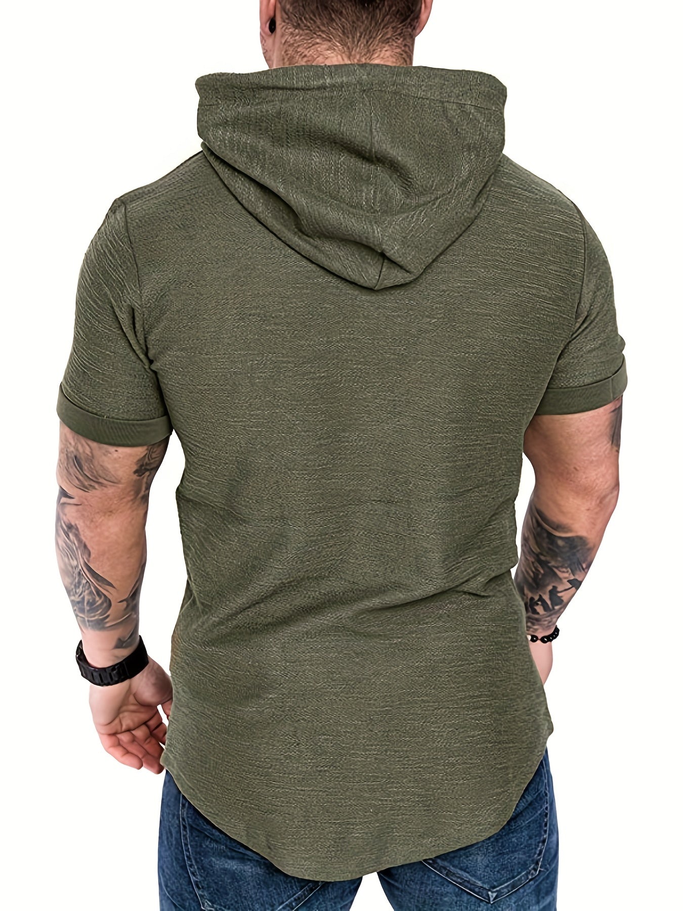 Comfort-Fit Men's Short Sleeve Hoodie - Breathable Knit, Solid Color, Durable & Easy-Care Sports T-shirt