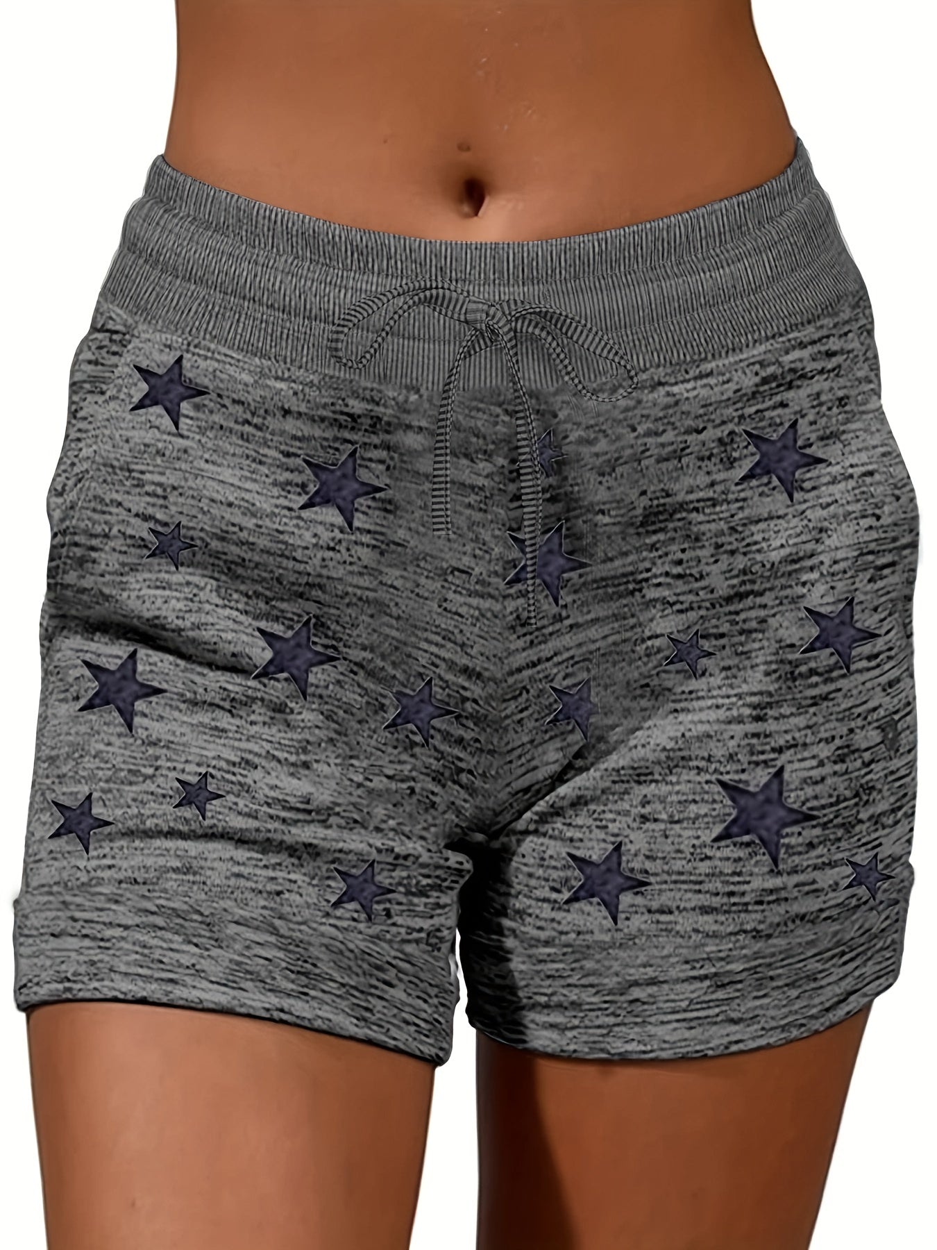 Plus Size Casual Leggings, Women's Plus Star Print Elastic Drawstring Medium Stretch Sports Shorts