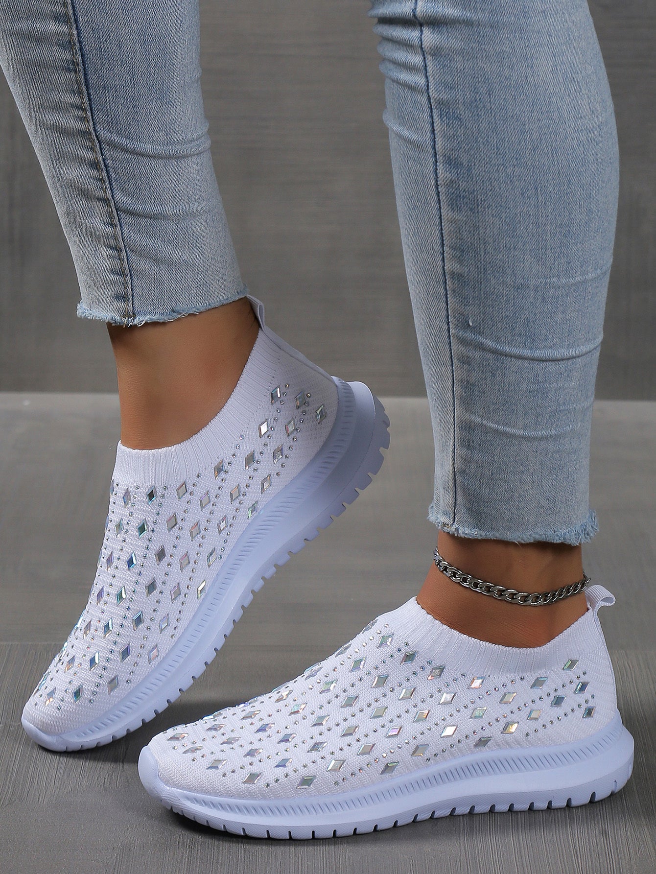 Women's Slip On Sock Shoes, Rhinestone Decor Knitting Low Top Sports Shoes, Breathable Walking Sneakers