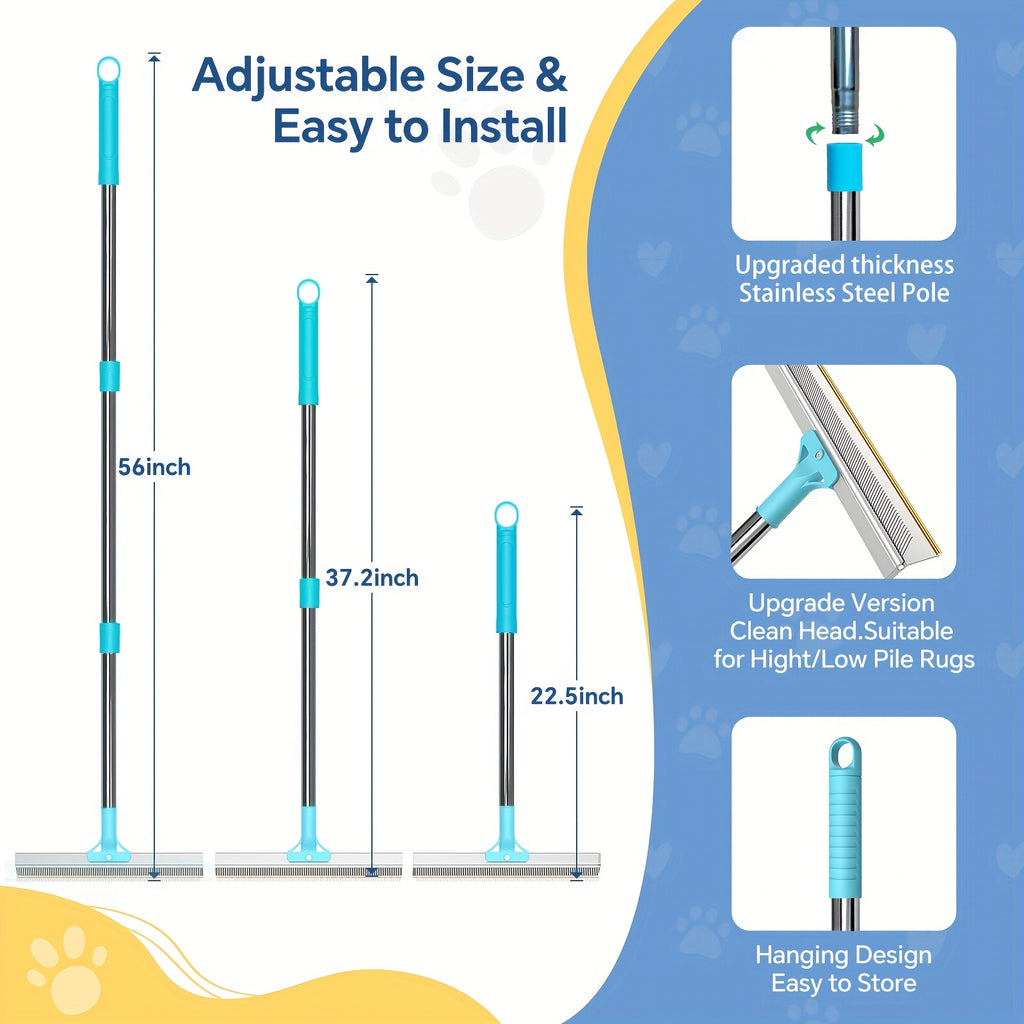 56" Adjustable Long Handle Carpet Rake Pet Hair Remover, Reusable Large Metal Lint Remover Brush For Embedded Fur Removal From Low Pile Rugs Stairs, Carpet Brush Scraper Dog Cat Hair Remover Broom