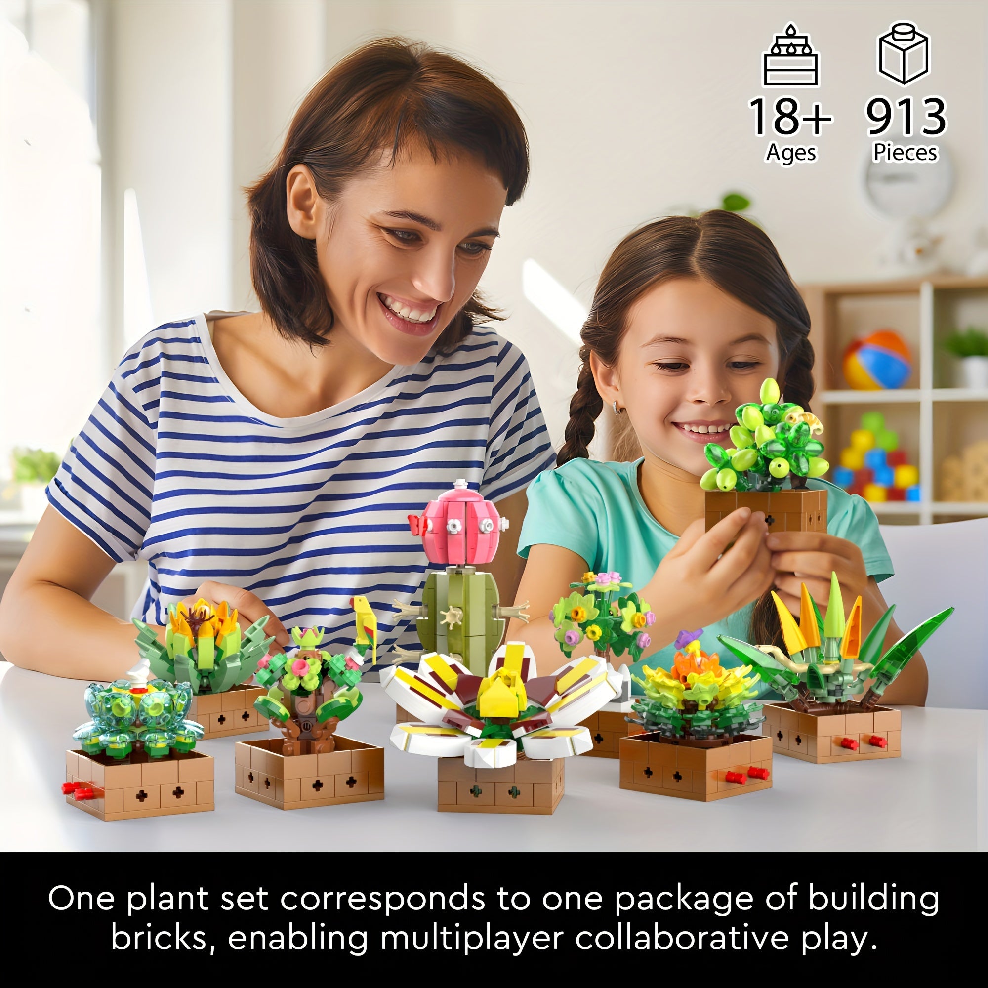 Flower Botanical Bonsai Building Set, Succulent Building Toys - 9 Pack, for Home Decor, Valentine's Day, Mother's Day, Christmas for Adults and Kids - 913pcs