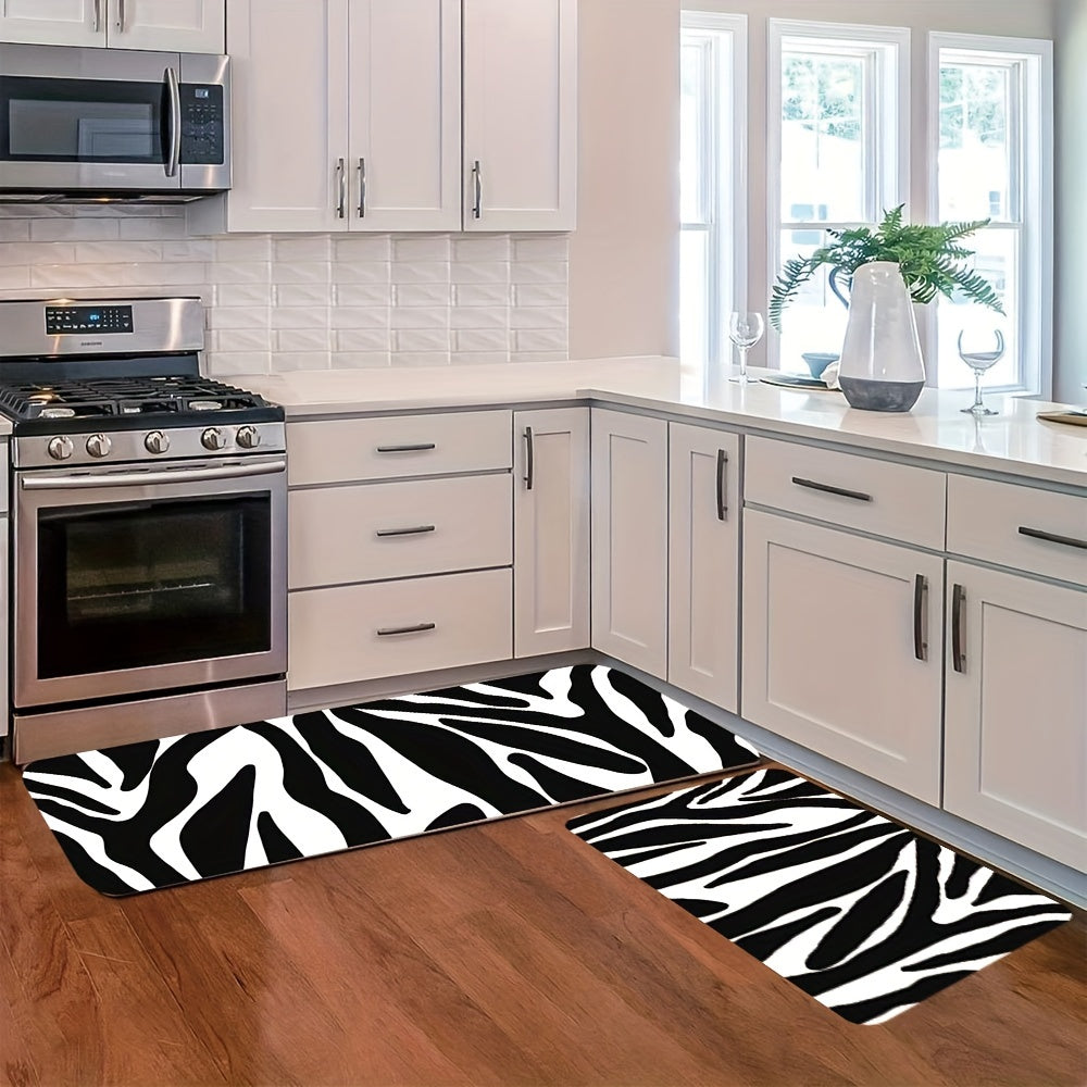 Anti-Fatigue 2pc/3pcs Zebra Print Kitchen Rugs Set - Non-Slip Flannel Carpet, Easy Clean, Stain-Resistant, Machine Washable, Polyester - for Sink, Bedroom, Living Room, Dining Area, Home Decor