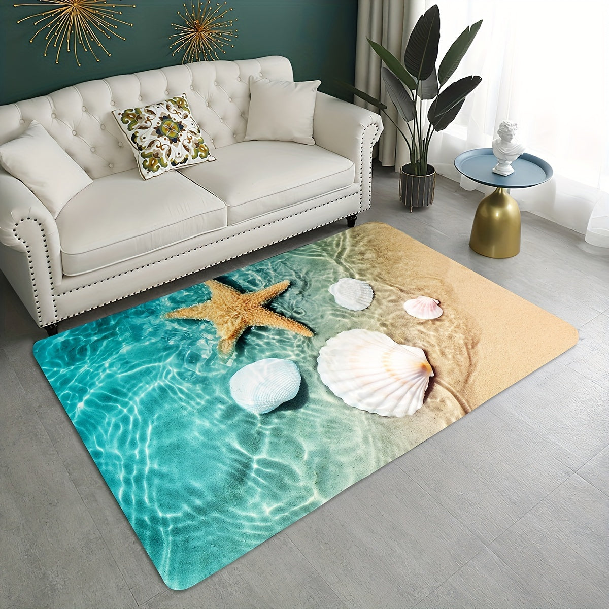 1pc Non Slip Bath Rugs Sponge Foam Rug, Durable Flannel Mat Bright 3D Print Rug, Seashell Print Mats For Laundry Room And Kitchen, Beach Starfish Scallop Decor Carpet