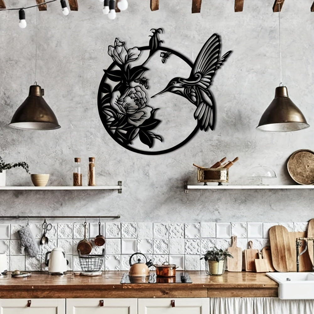 1pc Exquisite Hummingbird Metal Art Deco Wall Decoration - 3D Rustic Black Circular Bird & Floral Design with Intricate Details - Ideal Indoor Outdoor Garden Home Decor Accent