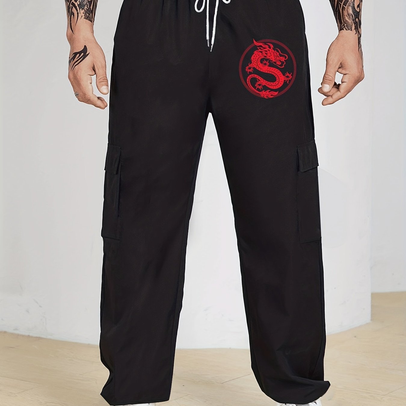 Plus Size Men's Thin Casual Style Graphic Print Cargo Pants, Trend Dragon Print Pants, Fashion Loose Slightly Stretch Comfortable For Sports, Suit For Big & Tall Guys