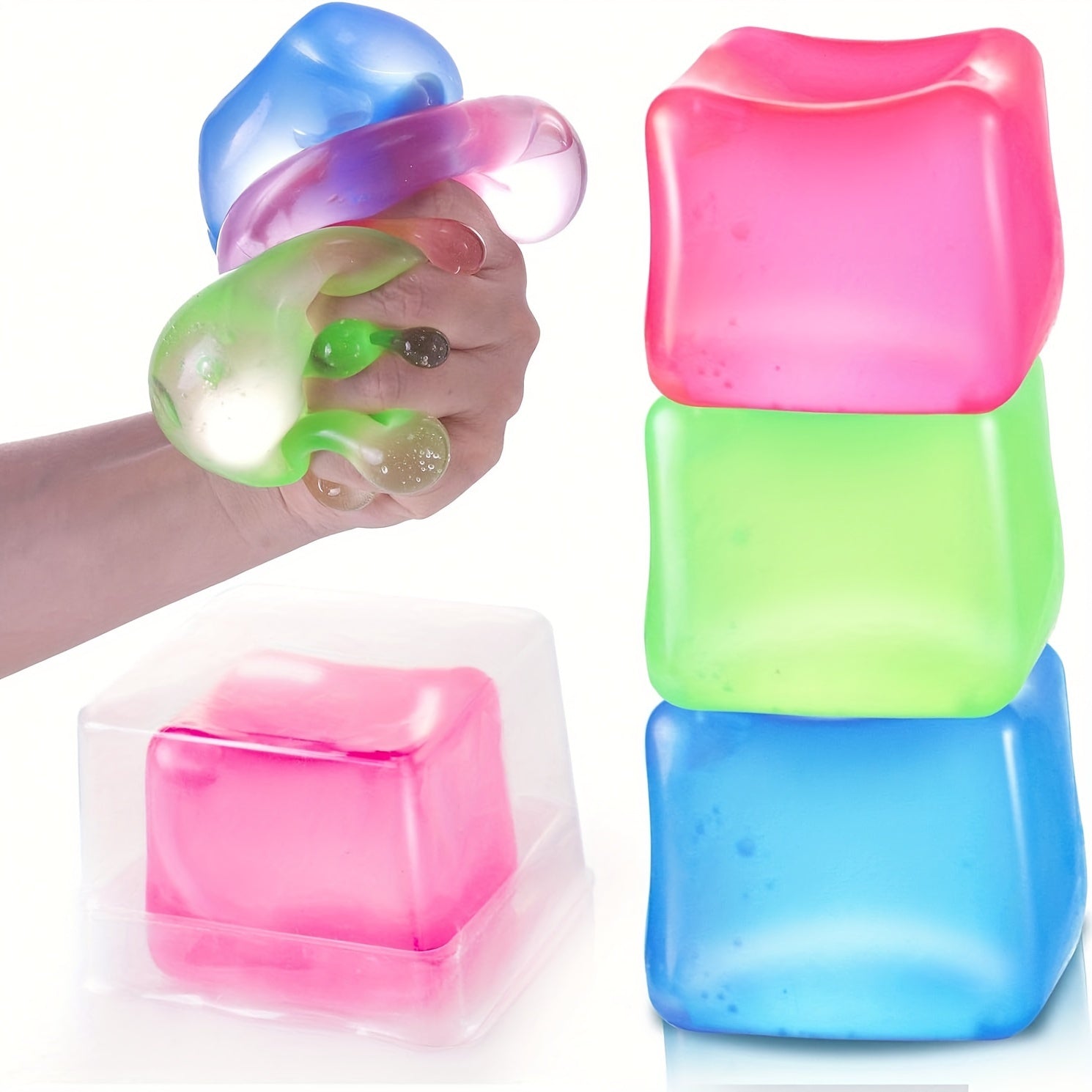 3 Pack Stress Squishy Cube - Sensory Fidget Toy For Adults And Kids, Anxiety Relief Toys With Filling In Pink Blue Green, Squishy Ice Funny Fidget Stress Balls Calming Toys For Autism & ADHD Children