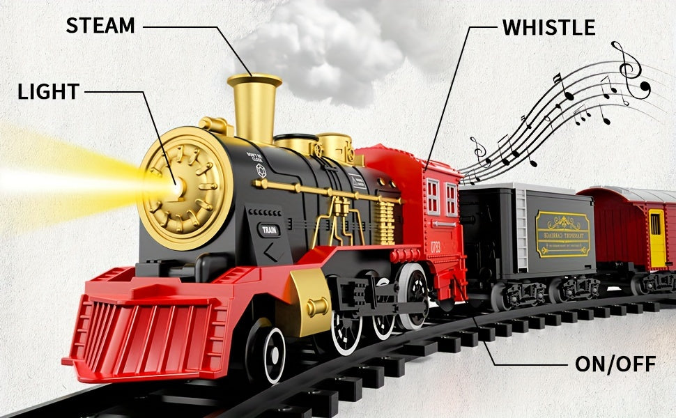 Electric Train Set for Kids Boys and Girls, Classic Christmas Train Toys, Steam Locomotive Engine, Lights & Sound, Tracks, Birthday Toy