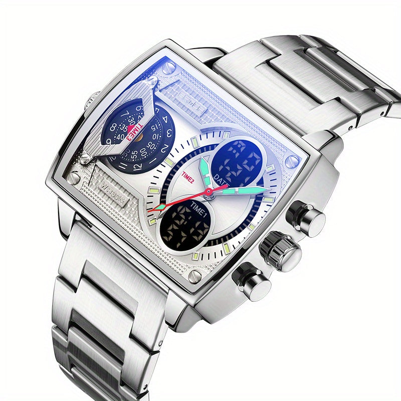 Large Dial Multi Time Zone Men's Watch, Square Dual Display Multifunctional Sports Watch with Dual Time Zone, Date, Alarm, and Stopwatch Functions