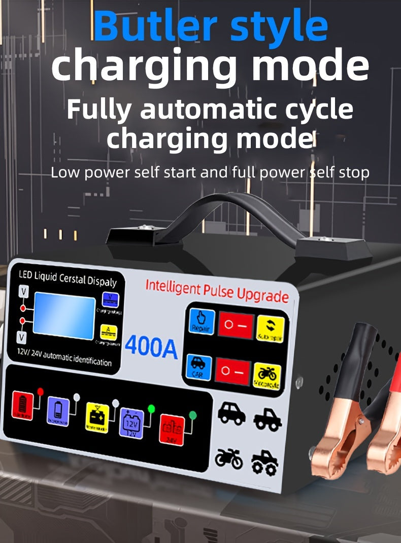 12V/24V Large Power Automotive Smart Pulse Repair Car Charger - Fast and Efficient Vehicle, Boat, Motorcycle Battery Charger with Advanced Safety Features and Multi-Protection