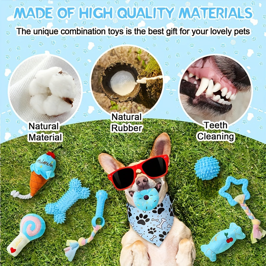 Durable 10pcs Dog Chew Toys Set - Interactive Puppy Teething Toys with Non-Toxic Rubber, Plush and Plastic - Teeth Cleaning, Boredom Busting for Small Breeds