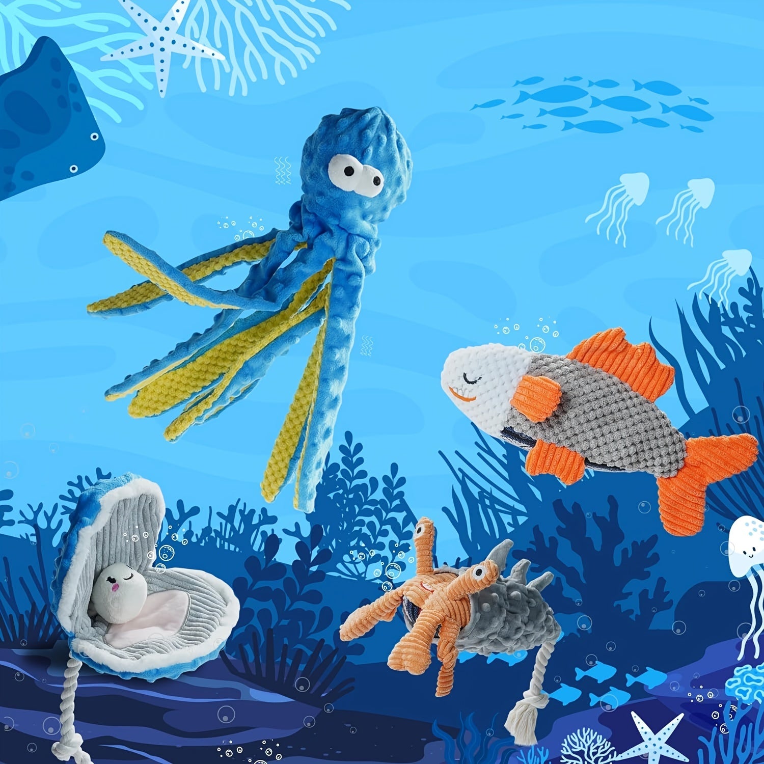 4-Pack Nocciola Ocean Theme Dog Toys - Crinkle Squeaky Interactive Plush Chew Toys for Puppies, Durable Non-Toxic Fabric with Octopus, Salmon, Hermit Crab & Shell Designs, Safe for Aggressive Chewers & All Dog Sizes, Interact