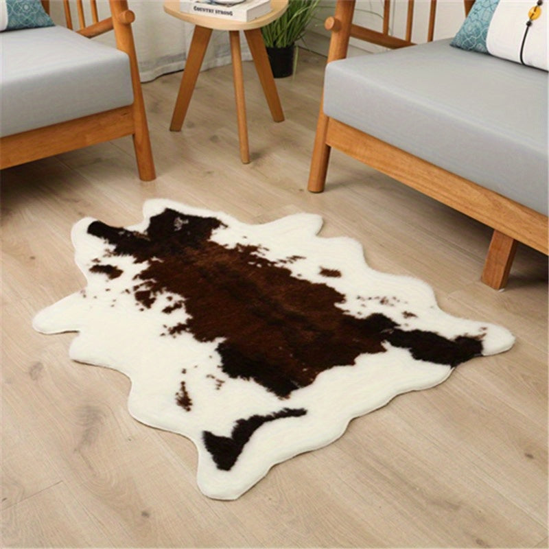 Washable Low-Pile Faux Cowhide Rug - 1pc Durable Western Style Animal Print Carpet for Bedroom and Living Room Decor - Home and Room Decor