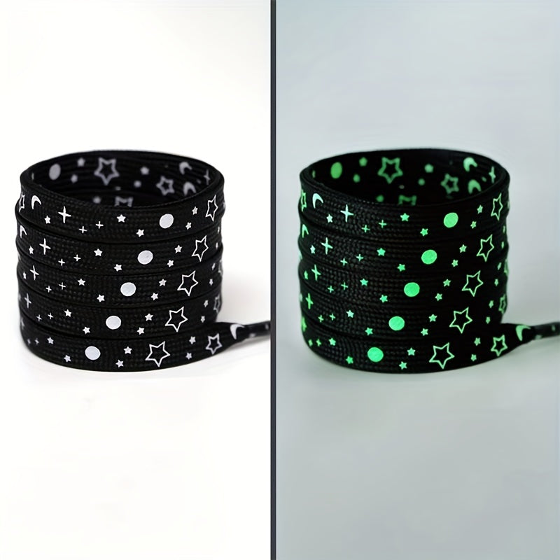 1 Pair Dazzling Holographic Reflective Star Moon Shoelaces - Double-Sided Luminous, AdjustableNighttime Running, Cycling,