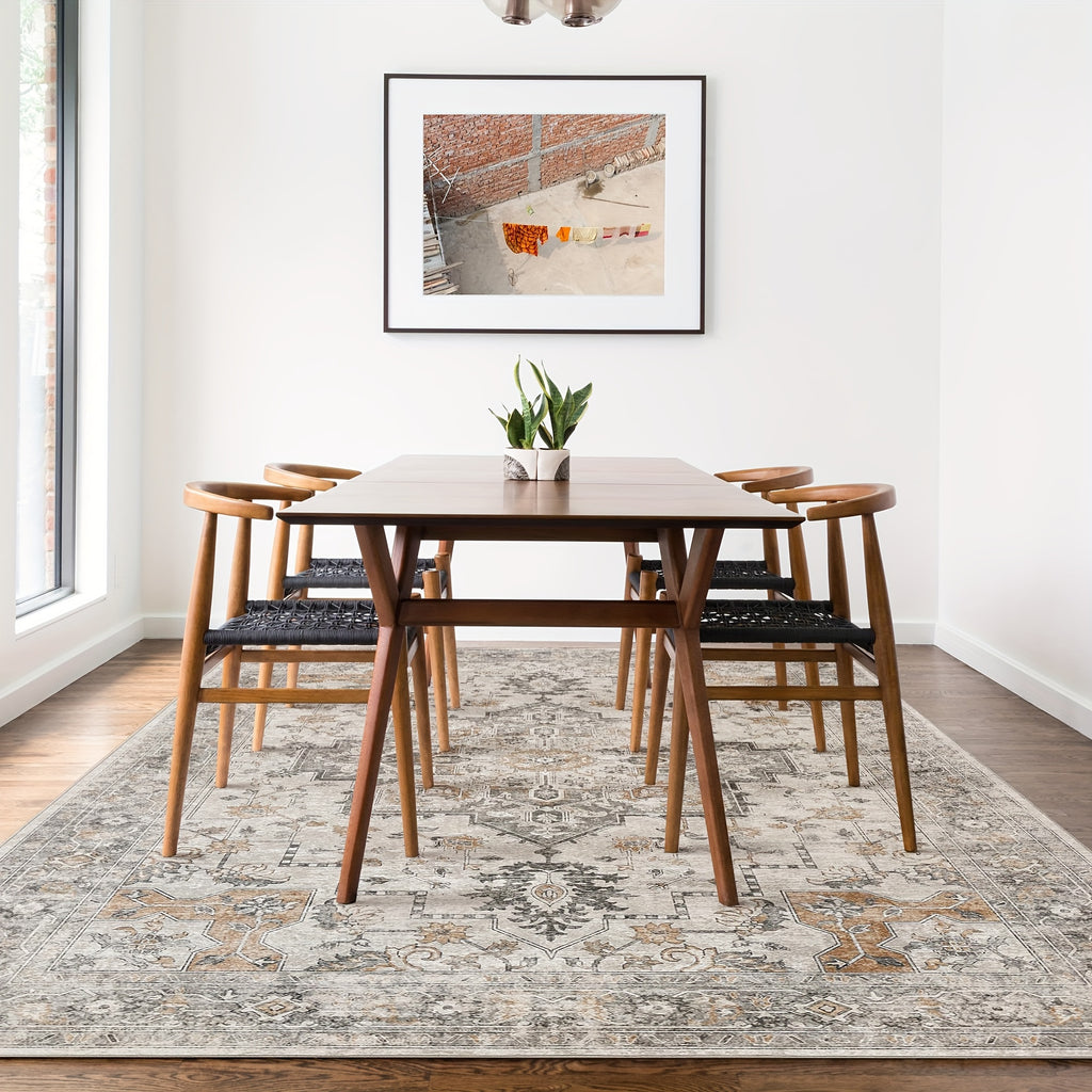 Area Rugs for Living Room, Machine Washable Non Slip Vintage Retro Rugs, Low Pile Lightweight Chenille Print Rug for Bedroom, Dining Room, Home Office, Light Taupe Brown