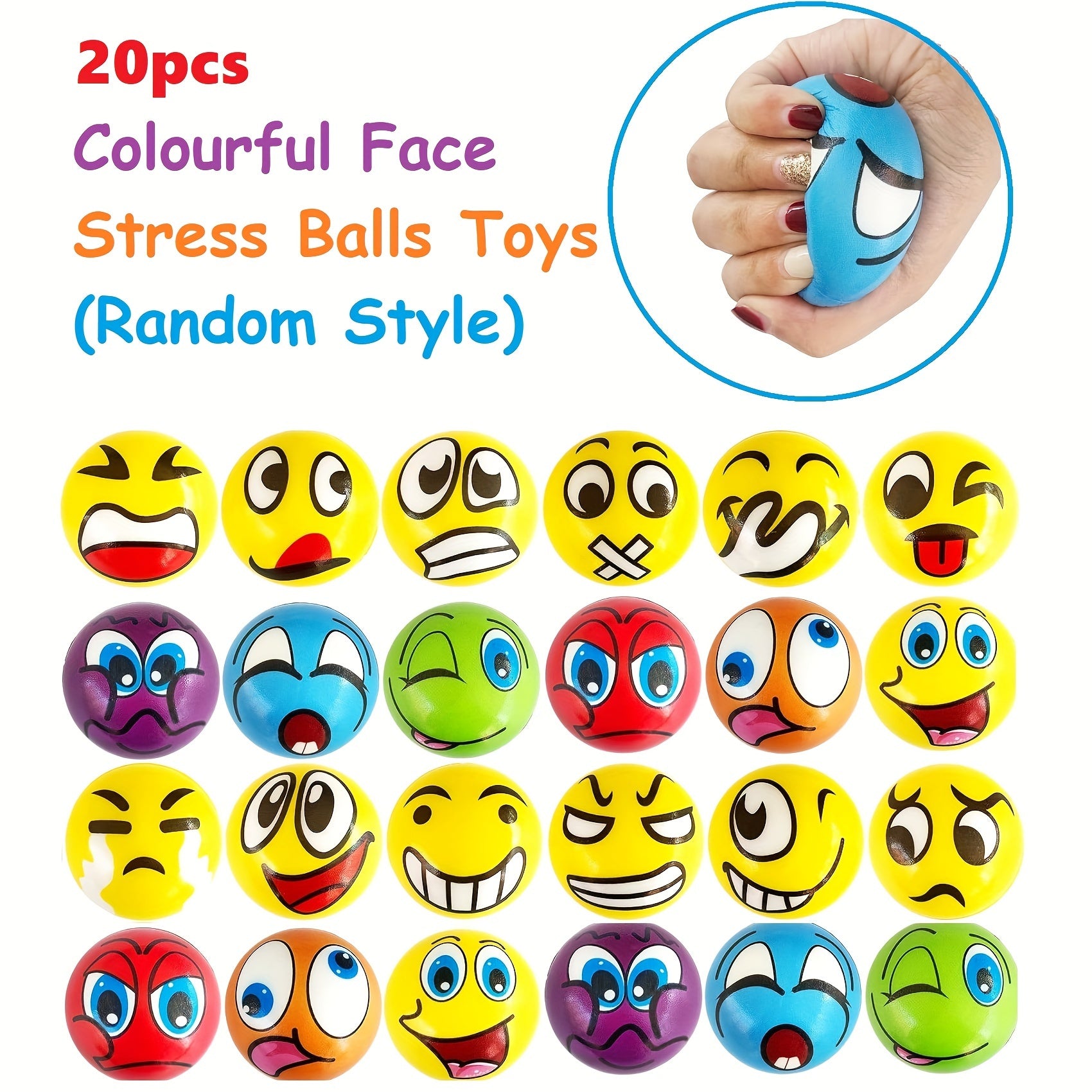 20pcs 20-Piece Colorful Squeeze Stress Balls: Funny Faces, Foam Hand & Wrist Exerciser Toys for Party Favors, Halloween & Christmas Gifts (Assorted Designs)