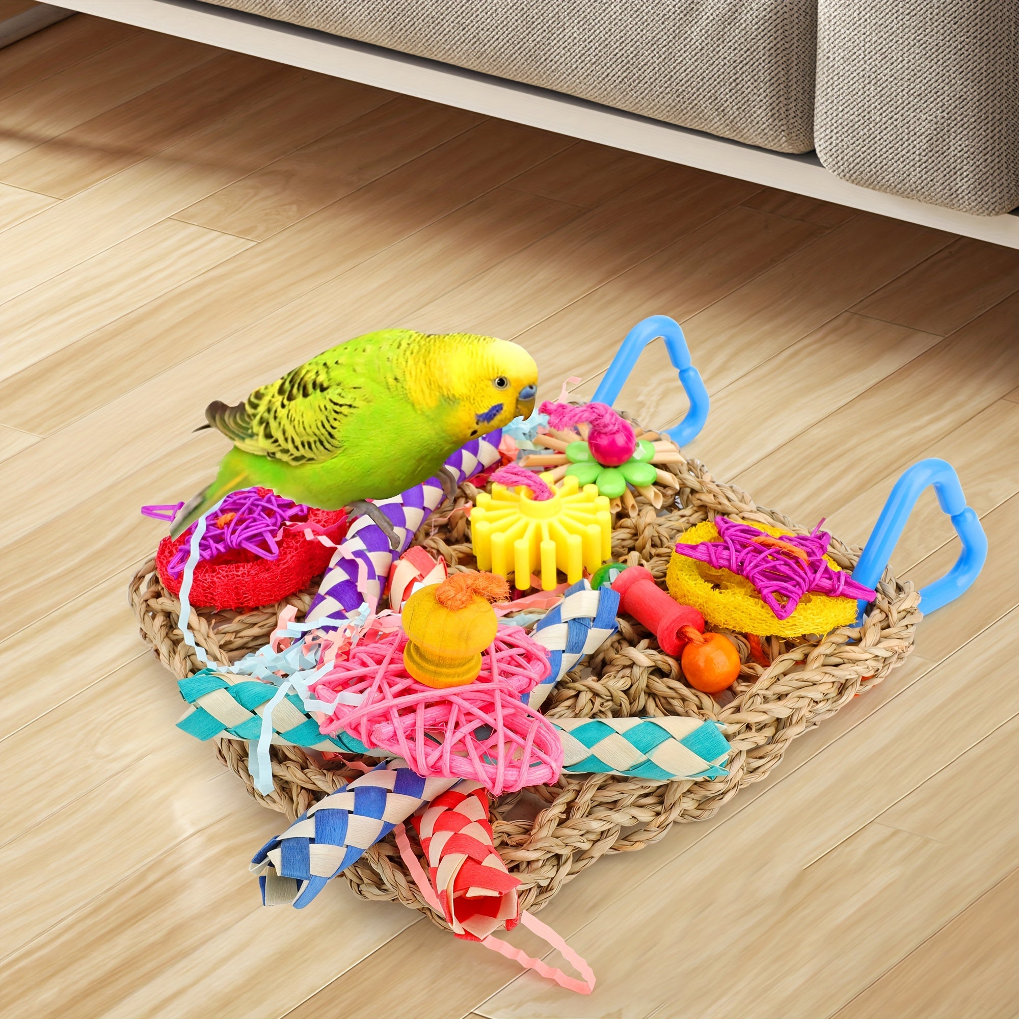 Bird Toy, Seagrass Woven Climbing Hammock Mat with Colorful Chewing Toys, Cage Accessories for Enhanced Activity and Fun