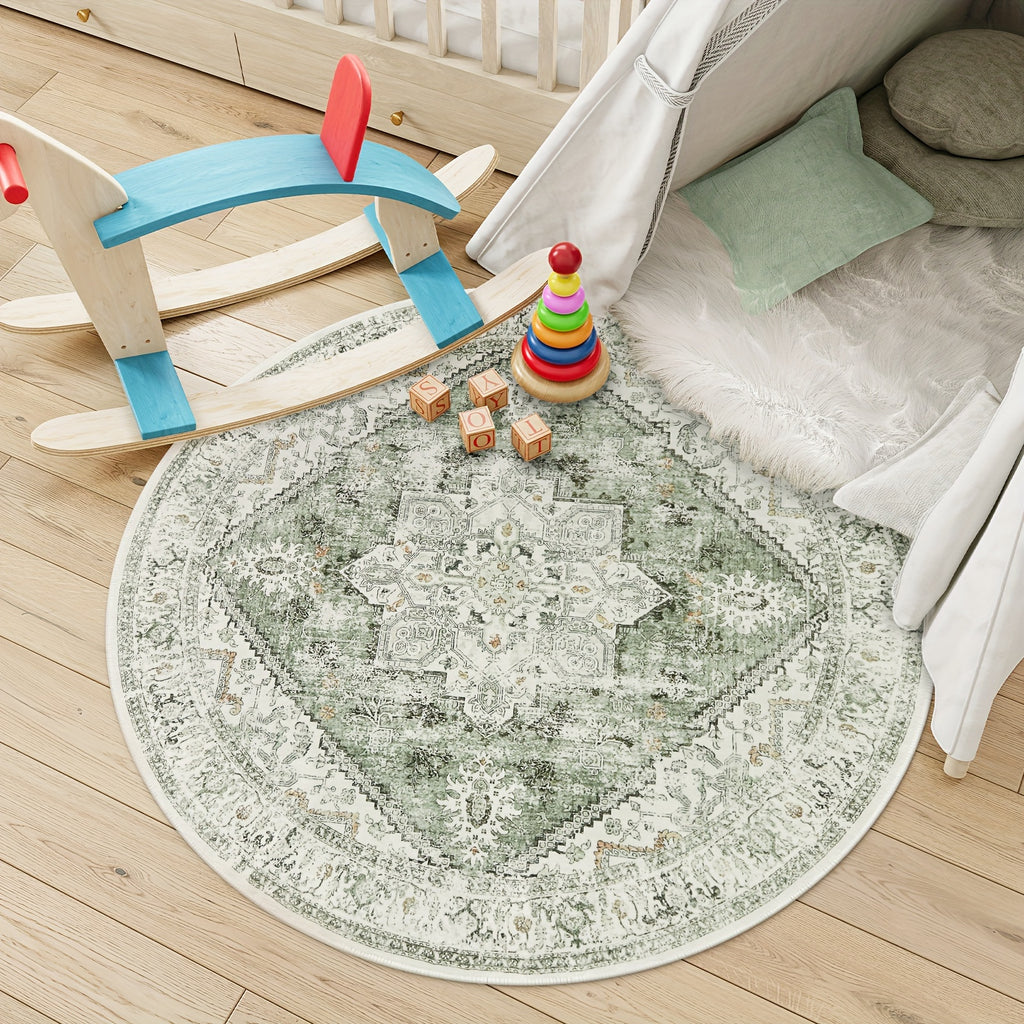 Vintage Distressed Accent Rug - Area Rugs with Non-Slip Low-Pile Retro Carpet Print, Washable and Durable for Bedroom, Living Room, Office, and More - Unique Tribal Pattern, Easy to Clean, and Fade-Resistant
