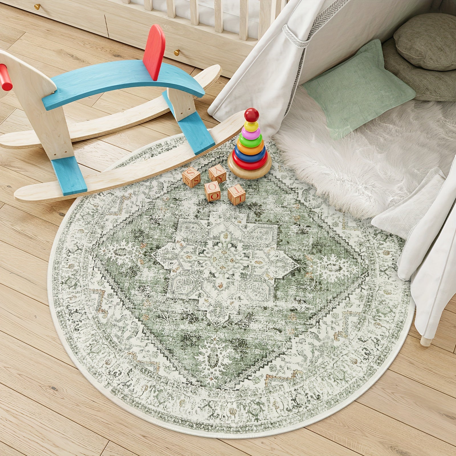 Vintage Distressed Accent Rug - Area Rugs with Non-Slip Low-Pile Retro Carpet Print, Washable and Durable for Bedroom, Living Room, Office, and More - Unique Tribal Pattern, Easy to Clean, and Fade-Resistant