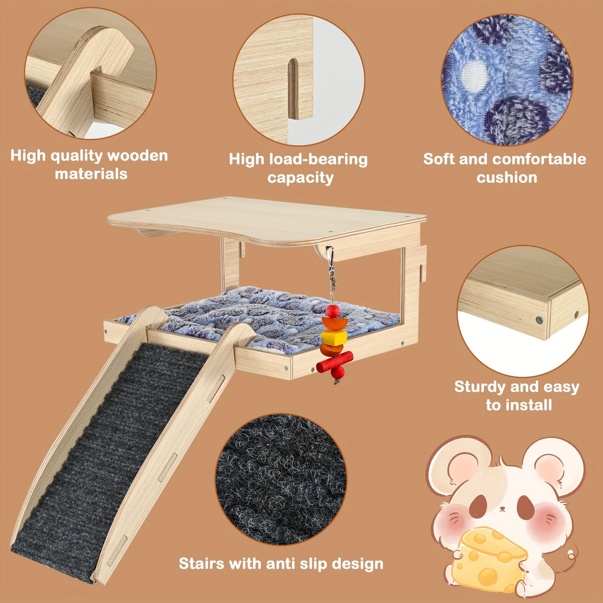 Guinea Pig Hideout, Natural Wooden Castle Small Animal Houses Habitats for Hamster Chinchilla Rat Guinea Pig Bed with Chew Toys Stairs Mat Little Pets Hut Playing Sleeping Hiding