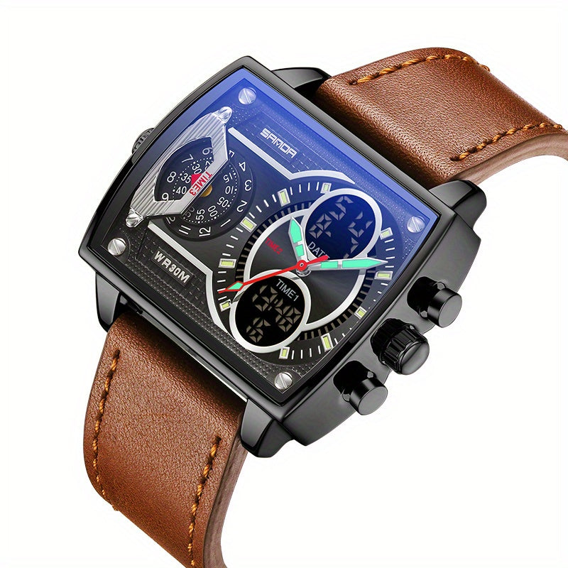 Large Dial Multi Time Zone Men's Watch, Square Dual Display Multifunctional Sports Watch with Dual Time Zone, Date, Alarm, and Stopwatch Functions
