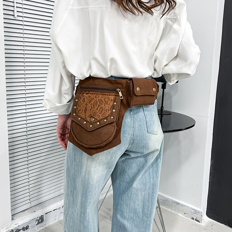 Gothic Thigh Drop Leg Bag, Studded Decor Fabric Waist Bag, Lightweight Outdoor Travel Phone Purse Bum Bag Fanny Pack