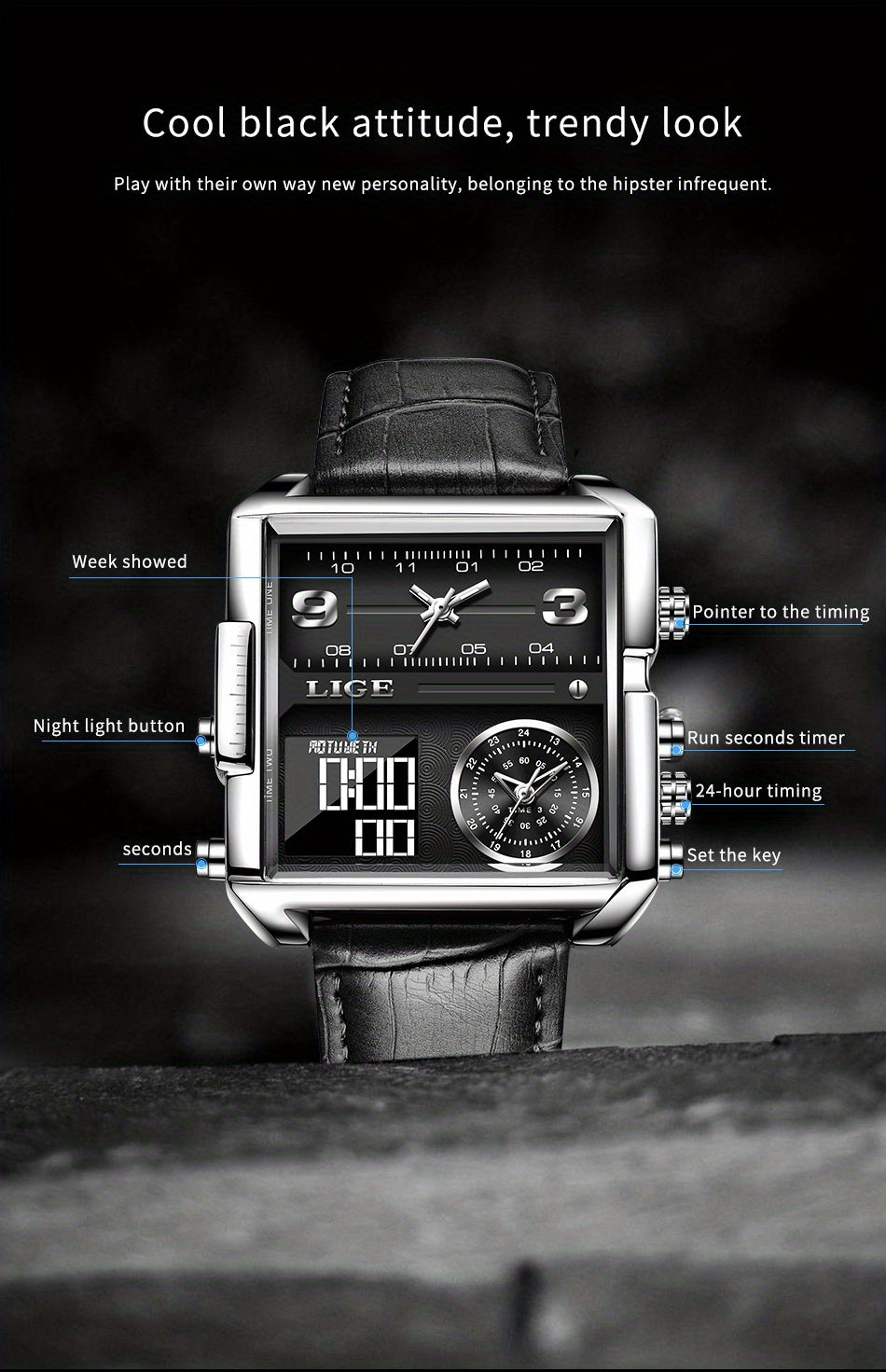 LIGE Fashion Men's Sports Square Analog Big Quartz Watch, Ideal Choice For Gifts