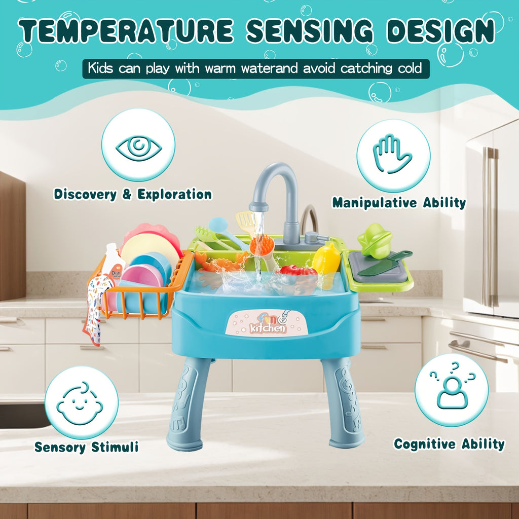 Play Kitchen Sink Toys, Blue Electric Dishwasher Playing Toy with Running Water, Play Food & Tableware Accessories, Kitchen Set Toys, Role Play Sink Set for Toddlers Kids Boys Girls