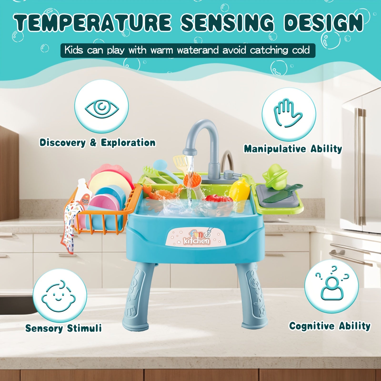 Play Kitchen Sink Toys, Blue Electric Dishwasher Playing Toy with Running Water, Play Food & Tableware Accessories, Kitchen Set Toys, Role Play Sink Set for Toddlers Kids Boys Girls