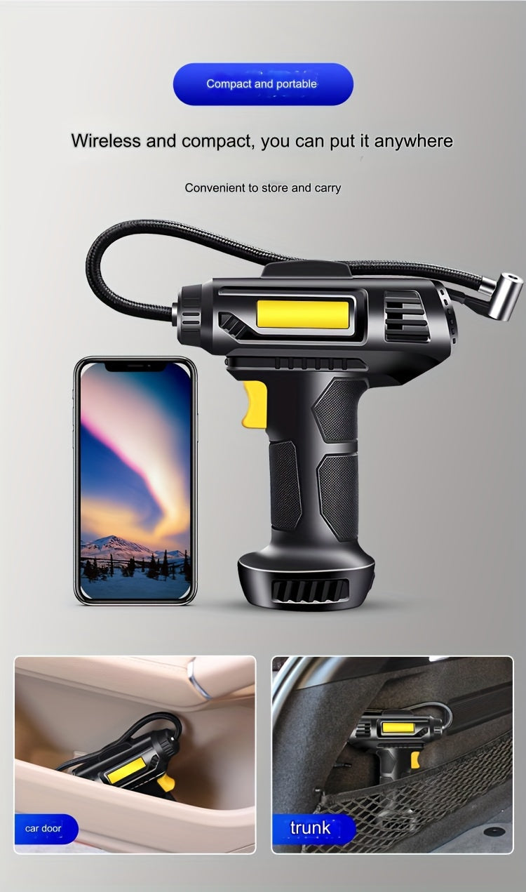 120W multi-function portable automotive air compressor, wired/wireless handheld automotive air pump electric, automotive tire inflator with LED lights