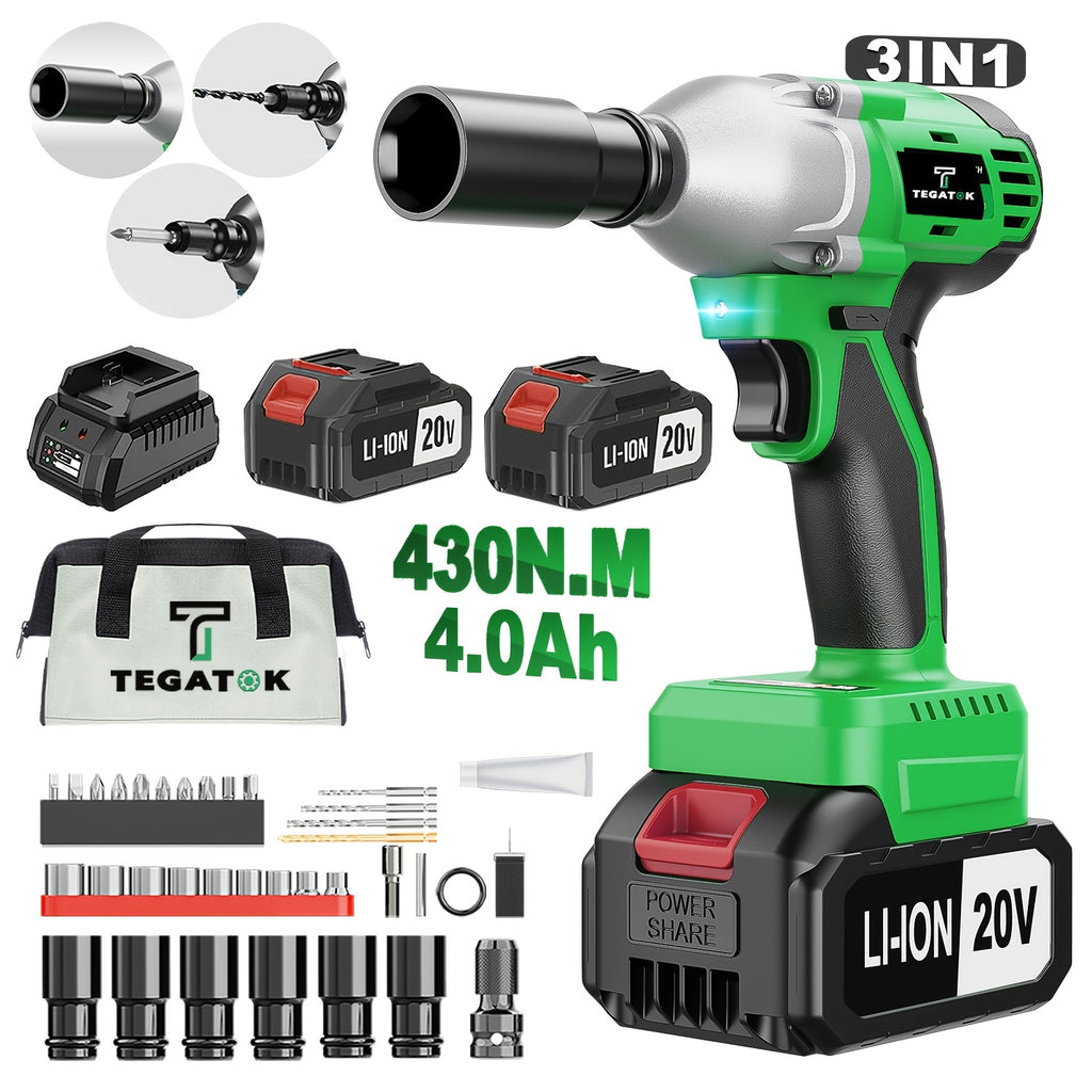 20V 4000MAH Cordless Impact Wrench And Drill Set, 3-in-1 Brushless Power