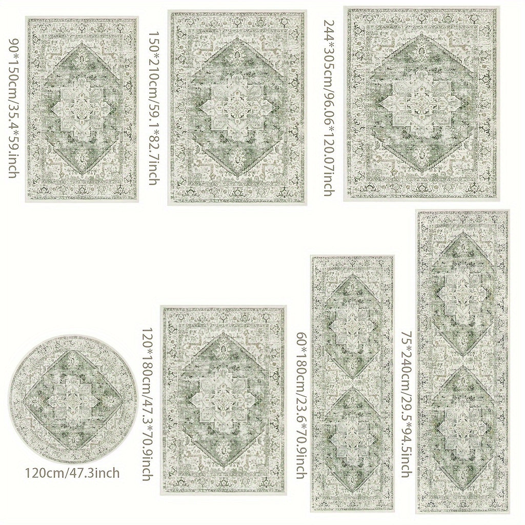Vintage Distressed Accent Rug - Area Rugs with Non-Slip Low-Pile Retro Carpet Print, Washable and Durable for Bedroom, Living Room, Office, and More - Unique Tribal Pattern, Easy to Clean, and Fade-Resistant