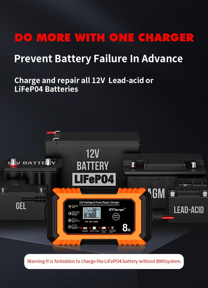 [Smart Car Charger] 12V 8A Smart Trickle Charger, American Plug Car Battery Charger | for Automotive Lead Acid and Lithium Iron Batteries