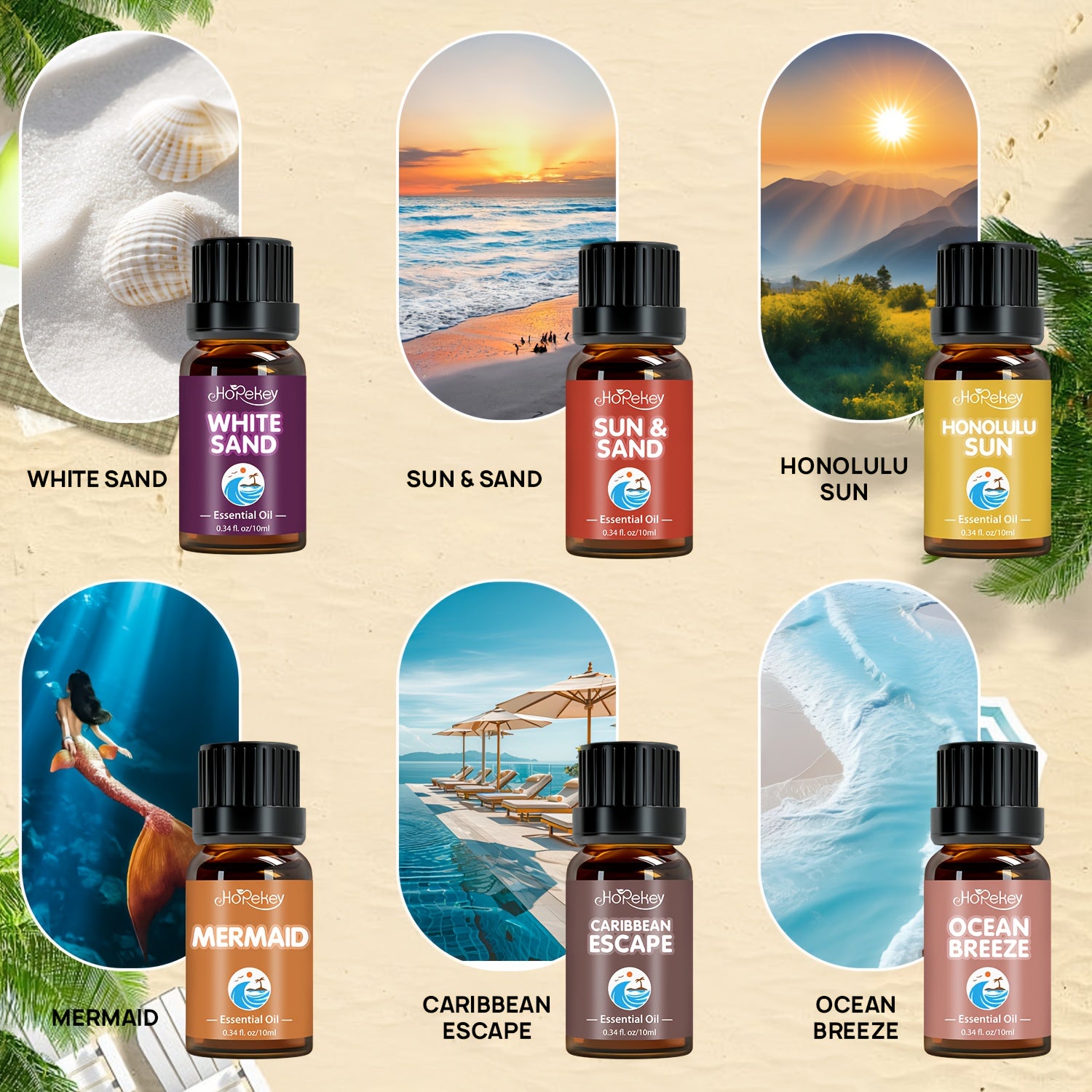 6/12pcs Beach/ Wooden/ Hotel Essential Oil Set - Coconut Tree Shadows, Sunny Beach, Shell, | Sandalwood/ Cedar/ Cypress| for Humidifier, Diffuser, Candles, Car Air Freshener, Soap, Hotel Scents Fragrance Oil - Romantic Valent