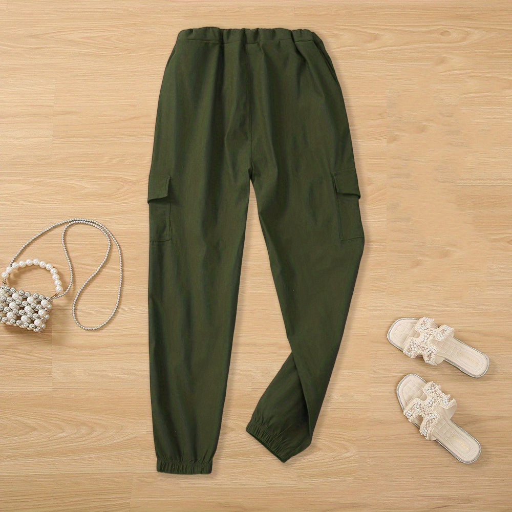 Y2K Solid Drawstring Cargo Pants, Casual Elastic Waist Long Length Pants With Pockets, Women's Clothing