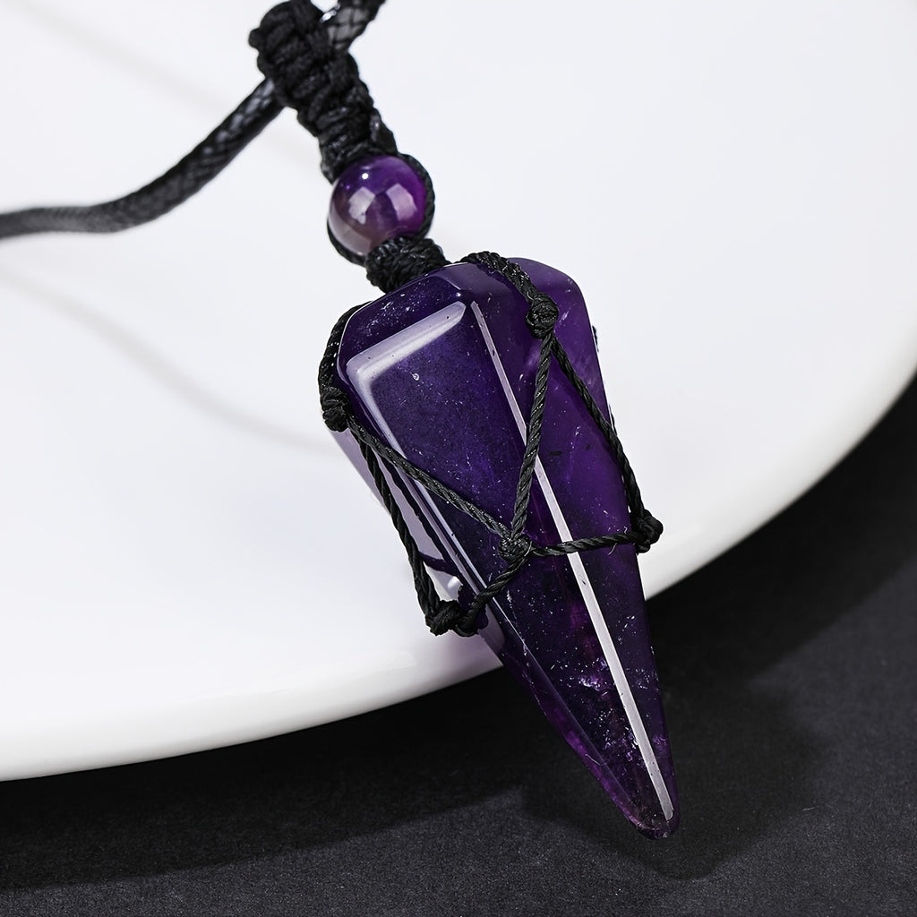 Stylish Men's Natural Amethyst Crystal Hexagonal Cone Pendant Necklace with Braided Rope - Fashion Accessory