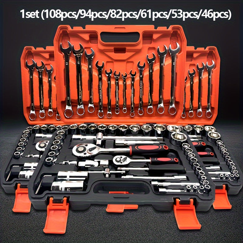 46/53/61/82/94pcs Mechanical Tool Kit Chrome Vanadium Steel Manual Tool Kit - Including Metric Ratchet, Socket, Wrench Kit For Automotive And Mechanical Repairs, Durable Non Battery Uncharged Tool Kit