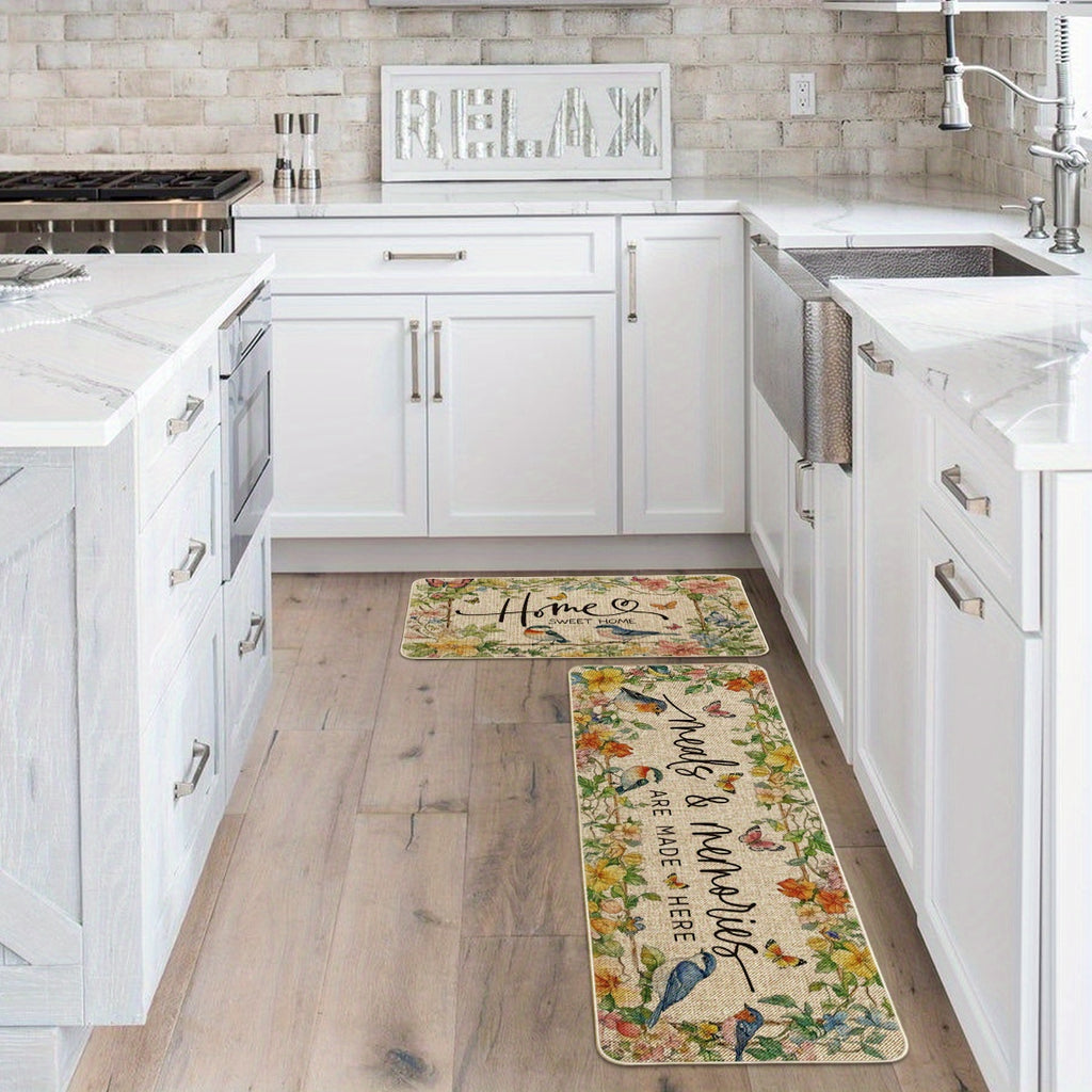 Sm:)e Mode Bird Flowers Home Sweet Home Spring Bathroom Rugs Set of 2, Summer Home Decor Low-Profile Rugs for Floor - 17x29 and 17x47 Inch