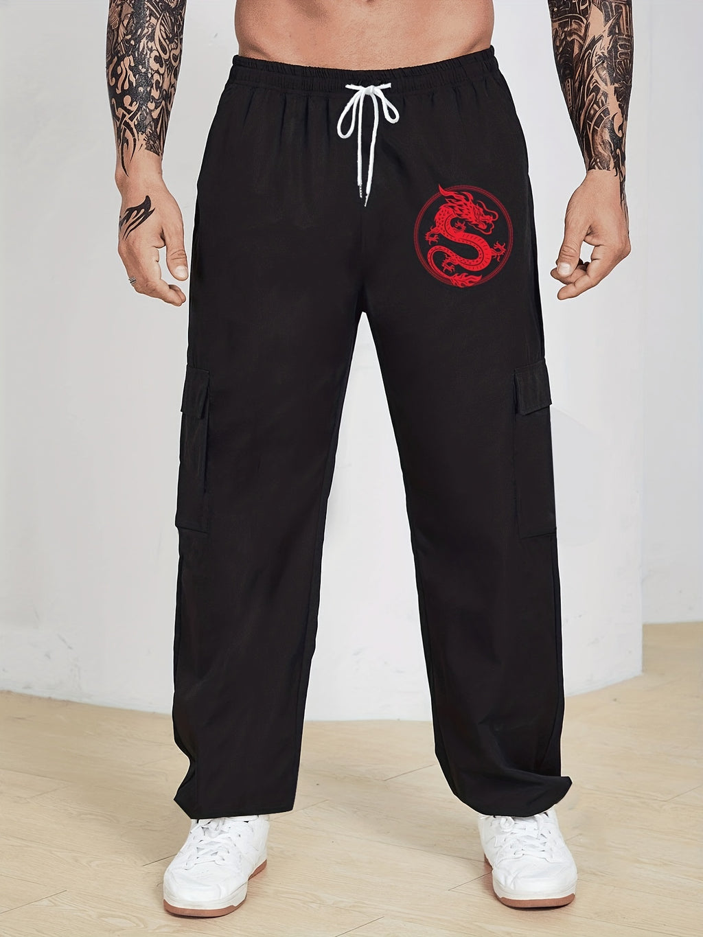 Plus Size Men's Thin Casual Style Graphic Print Cargo Pants, Trend Dragon Print Pants, Fashion Loose Slightly Stretch Comfortable For Sports, Suit For Big & Tall Guys