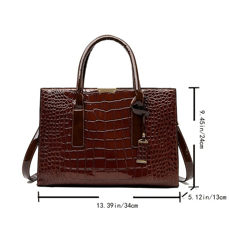 Crocodile Embossed Handbag, Trendy PU Leather Top Handle Purse, Women's Solid Color Shoulder Bag