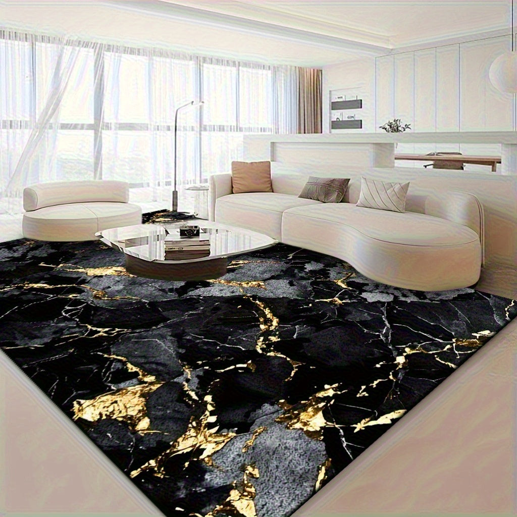 Velvet Area Mat with Luxurious Black and Golden Marble Pattern – Soft, Thick, Non-Slip, Machine Washable for Living Room or Bedroom Decor, Lightweight Polyester Fiber, Rectangular Shape, Perfect for Holidays like Christmas