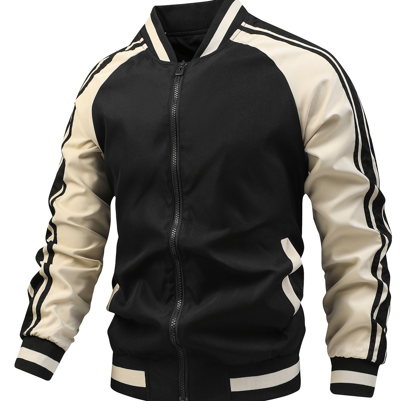 Men's Color Block Graphic Sports Jacket, Casual Striped Zip Up Varsity Jacket For Outdoor Fall Winter