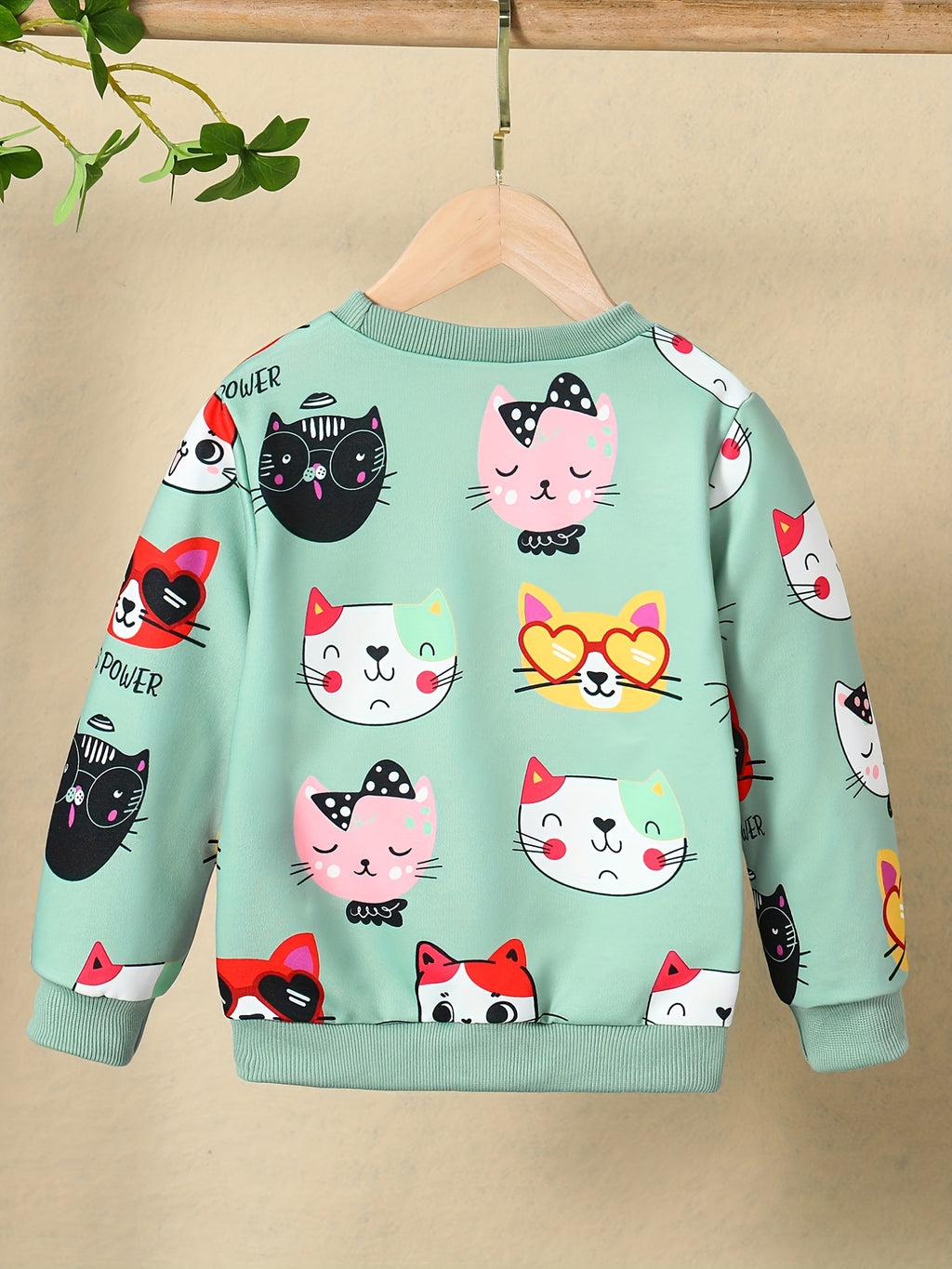Girls' Cute Cat Print Sweatshirt - Pastel Pink with & Cat Design, Soft Round Neck Long Sleeve Top for Everyday & Special Occasions