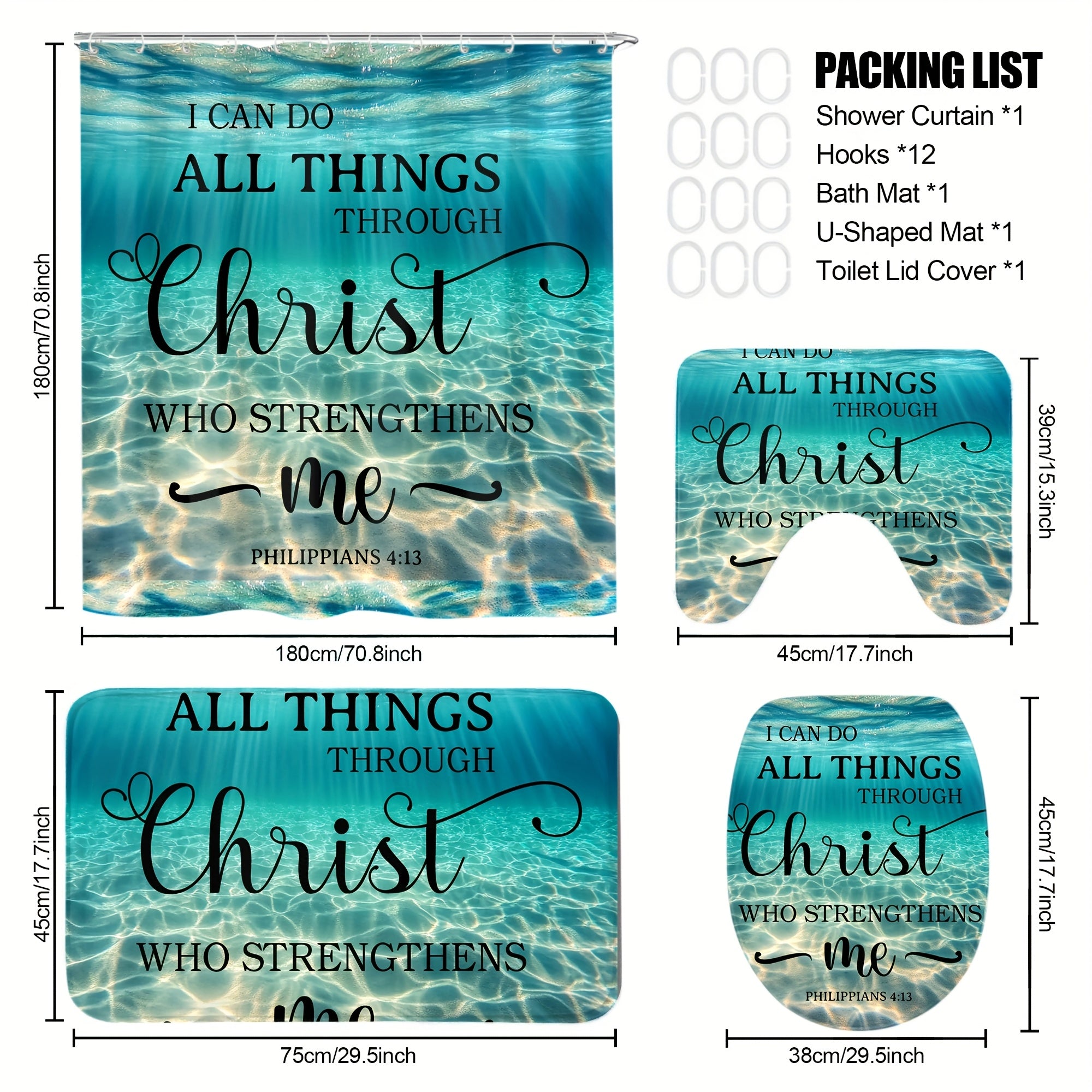 4pcs/1pc Beach Ocean Bible Verse Shower Curtain Set, Blue Ocean Seaside Decor with Inspirational Scripture Quotes, Summer Coastal Seascape Fabric, High Quality Polyester Bathroom Set with 12 Hooks, Non-Slip Rugs, Toilet Lid C